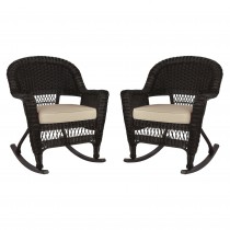 Espresso Rocker Wicker Chair with Tan Cushion -  Set of 2