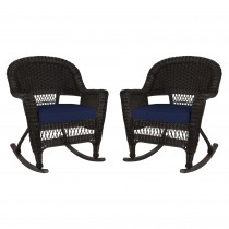 Espresso Rocker Wicker Chair with Midnight Blue Cushion -  Set of 2