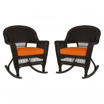 Espresso Rocker Wicker Chair with Orange Cushion -  Set of 2