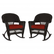 Espresso Rocker Wicker Chair with Brick Red Cushion -  Set of 2