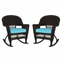 Espresso Rocker Wicker Chair with Sky Blue Cushion -  Set of 2