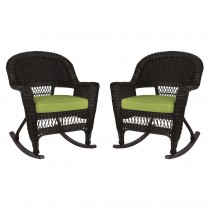 Espresso Rocker Wicker Chair with Sage Green Cushion -  Set of 2