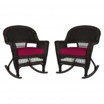 Espresso Rocker Wicker Chair with Red Cushion -  Set of 2