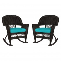 Espresso Rocker Wicker Chair with Turquoise Cushion -  Set of 2