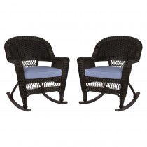 Espresso Rocker Wicker Chair with Steel Blue Cushion -  Set of 2