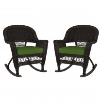 Espresso Rocker Wicker Chair with Hunter Green Cushion -  Set of 2