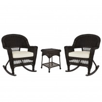3pc Espresso Rocker Wicker Chair Set With Ivory Cushion