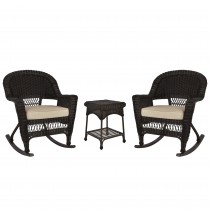 3pc Espresso Rocker Wicker Chair Set With Tan Cushion