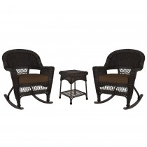 3pc Espresso Rocker Wicker Chair Set With Brown Cushion