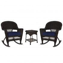3pc Espresso Rocker Wicker Chair Set With Midnight Blue Cushion
