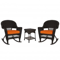 3pc Espresso Rocker Wicker Chair Set With Orange Cushion