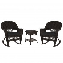 3pc Espresso Rocker Wicker Chair Set With Black Cushion