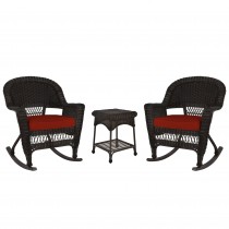 3pc Espresso Rocker Wicker Chair Set With Brick Red Cushion
