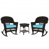 3pc Espresso Rocker Wicker Chair Set With Sky Blue Cushion