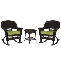 3pc Espresso Rocker Wicker Chair Set With Sage Green Cushion