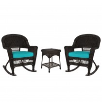 3pc Espresso Rocker Wicker Chair Set With Turquoise Cushion