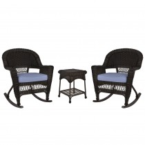 3pc Espresso Rocker Wicker Chair Set With Steel Blue Cushion