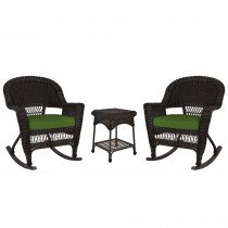 3pc Espresso Rocker Wicker Chair Set With Hunter Green Cushion