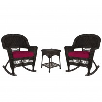 3pc Espresso Rocker Wicker Chair Set With Red Cushion