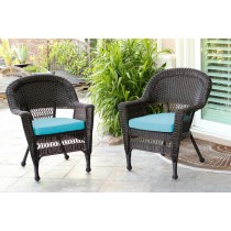 Espresso Wicker Chair With Sky Blue Cushion - Set of 2