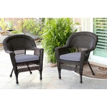 Espresso Wicker Chair With Steel Blue Cushion - Set of 2