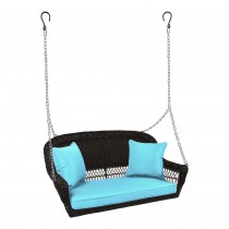 Espresso Resin Wicker Porch Swing with Sky Blue Cushion