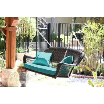 Espresso Resin Wicker Porch Swing with Turquoise Cushion