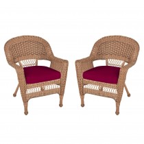 Honey Wicker Chair With Red Cushion - Set of  2