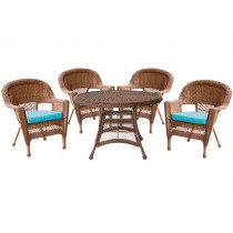 5pc Honey Wicker Dining Set - Sky Blue Cushions