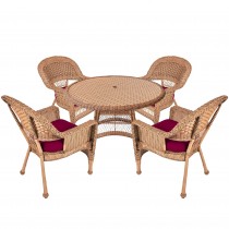 5pc Honey Wicker Dining Set - Red Cushions