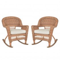 Honey Rocker Wicker Chair with Ivory Cushion -  Set of 2