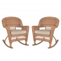 Honey Rocker Wicker Chair with Tan Cushion -  Set of 2