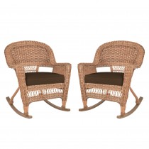Honey Rocker Wicker Chair with Brown Cushion -  Set of 2
