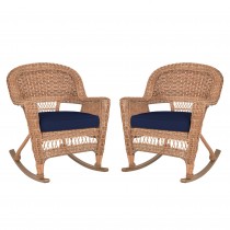 Honey Rocker Wicker Chair with Midnight Blue Cushion -  Set of 2