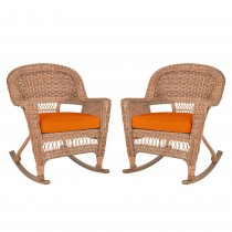 Honey Rocker Wicker Chair with Orange Cushion -  Set of 2