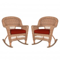 Honey Rocker Wicker Chair with Brick Red Cushion -  Set of 2