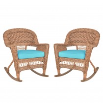 Honey Rocker Wicker Chair with Sky Blue Cushion -  Set of 2