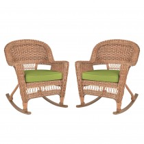 Honey Rocker Wicker Chair with Sage Green Cushion -  Set of 2
