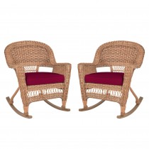 Honey Rocker Wicker Chair with Red Cushion -  Set of 2