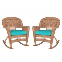 Honey Rocker Wicker Chair with Turquoise Cushion -  Set of 2