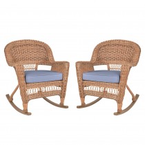 Honey Rocker Wicker Chair with Steel Blue Cushion -  Set of 2