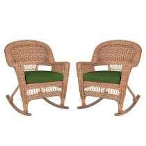 Honey Rocker Wicker Chair with Hunter Green Cushion -  Set of 2