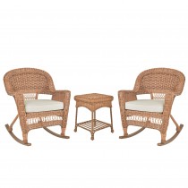 3pc Honey Rocker Wicker Chair Set With Ivory Cushion