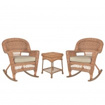 3pc Honey Rocker Wicker Chair Set With Tan Cushion