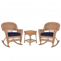3pc Honey Rocker Wicker Chair Set With Midnight Blue Cushion