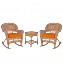 3pc Honey Rocker Wicker Chair Set With Orange Cushion