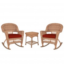 3pc Honey Rocker Wicker Chair Set With Brick Red Cushion