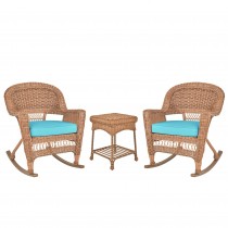 3pc Honey Rocker Wicker Chair Set With Sky Blue Cushion