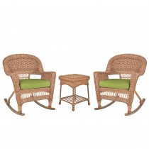 3pc Honey Rocker Wicker Chair Set With Sage Green Cushion