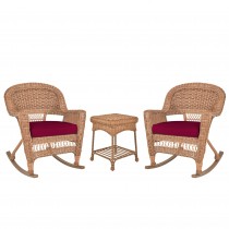 3pc Honey Rocker Wicker Chair Set With Red Cushion